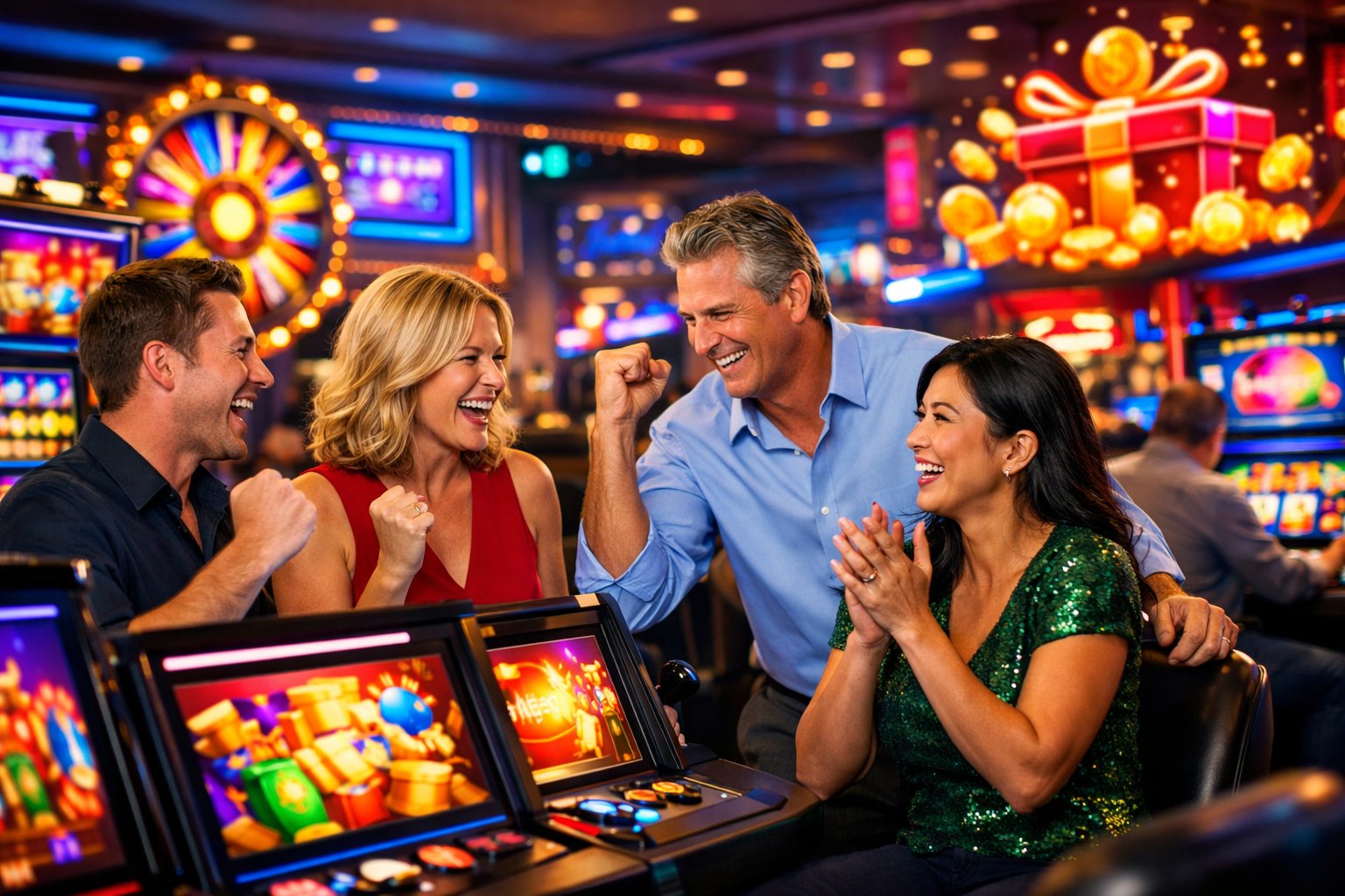 A Lively Casino Scene With People Enjoying Slot Machines And Gaming Tables Surrounded By Colorful Lights And Promotional Displays.