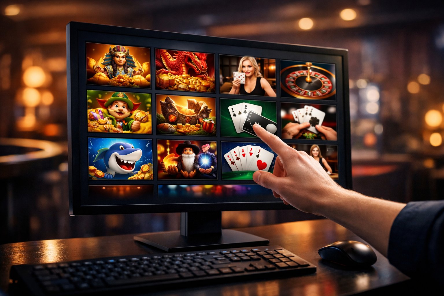 A Person Selecting A Casino Game On A Large Computer Screen Showing Various Colorful Game Icons In A Modern Gaming Room.