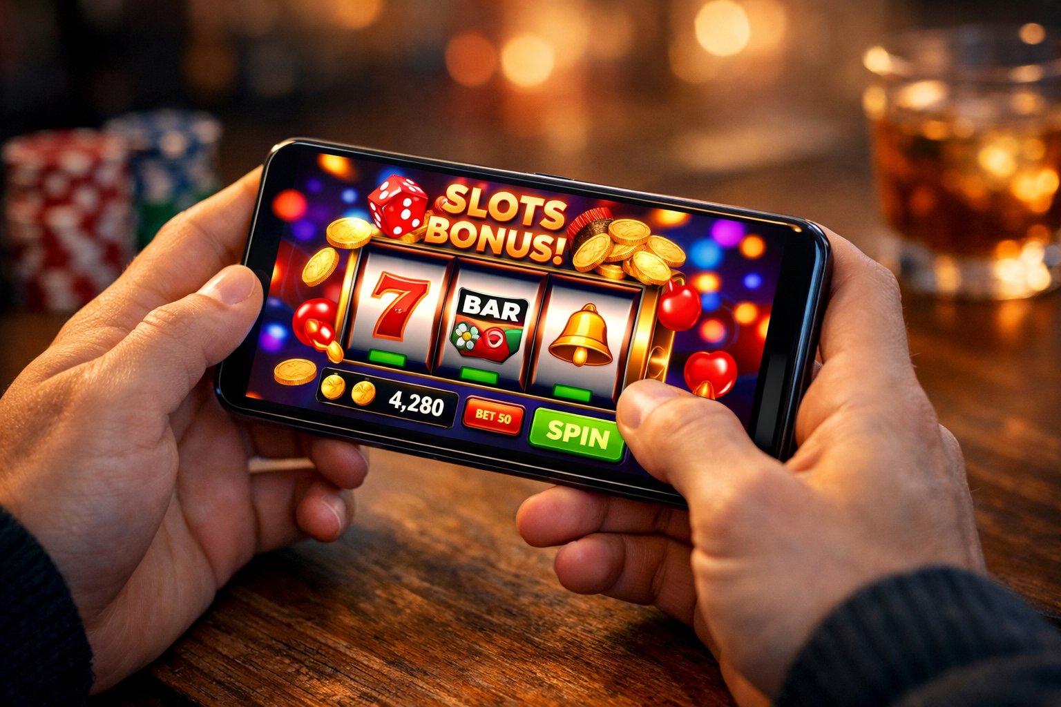 A Person Holding A Smartphone Showing A Colorful Online Casino Game In A Softly Lit Indoor Setting.