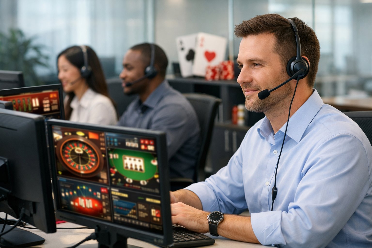 Customer Support Representatives Wearing Headsets Working At Desks With Computer Monitors In A Modern Office Environment.
