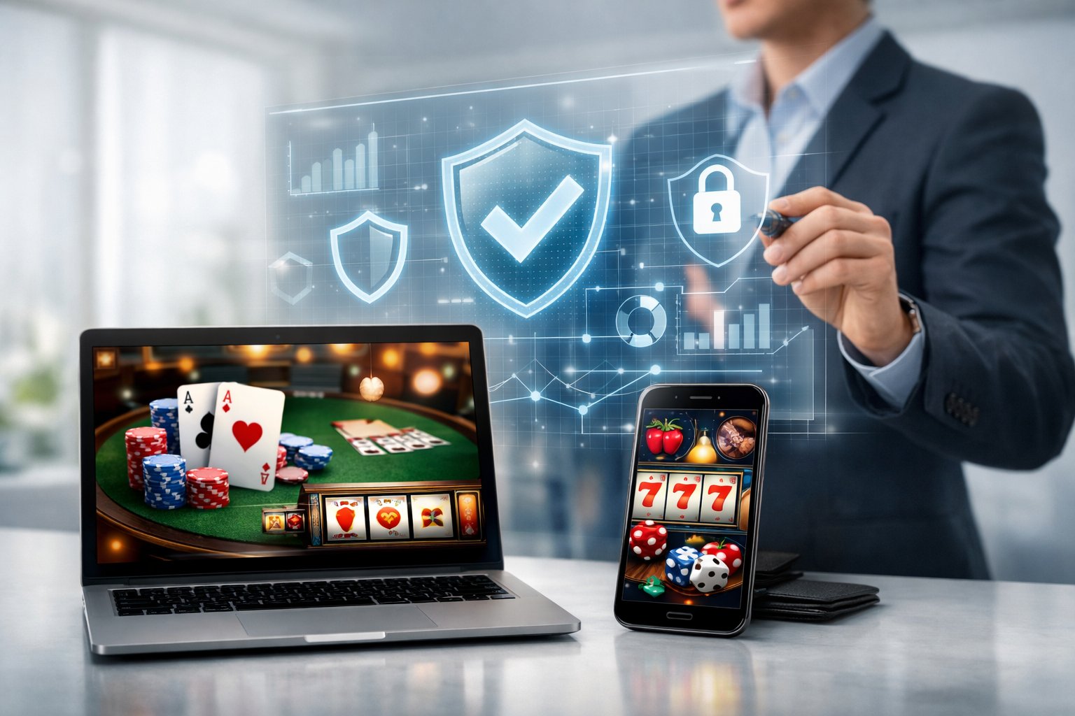 A Person In Business Attire Reviewing Security And Fairness Data On Digital Devices Showing Casino Game Elements In A Modern Office.