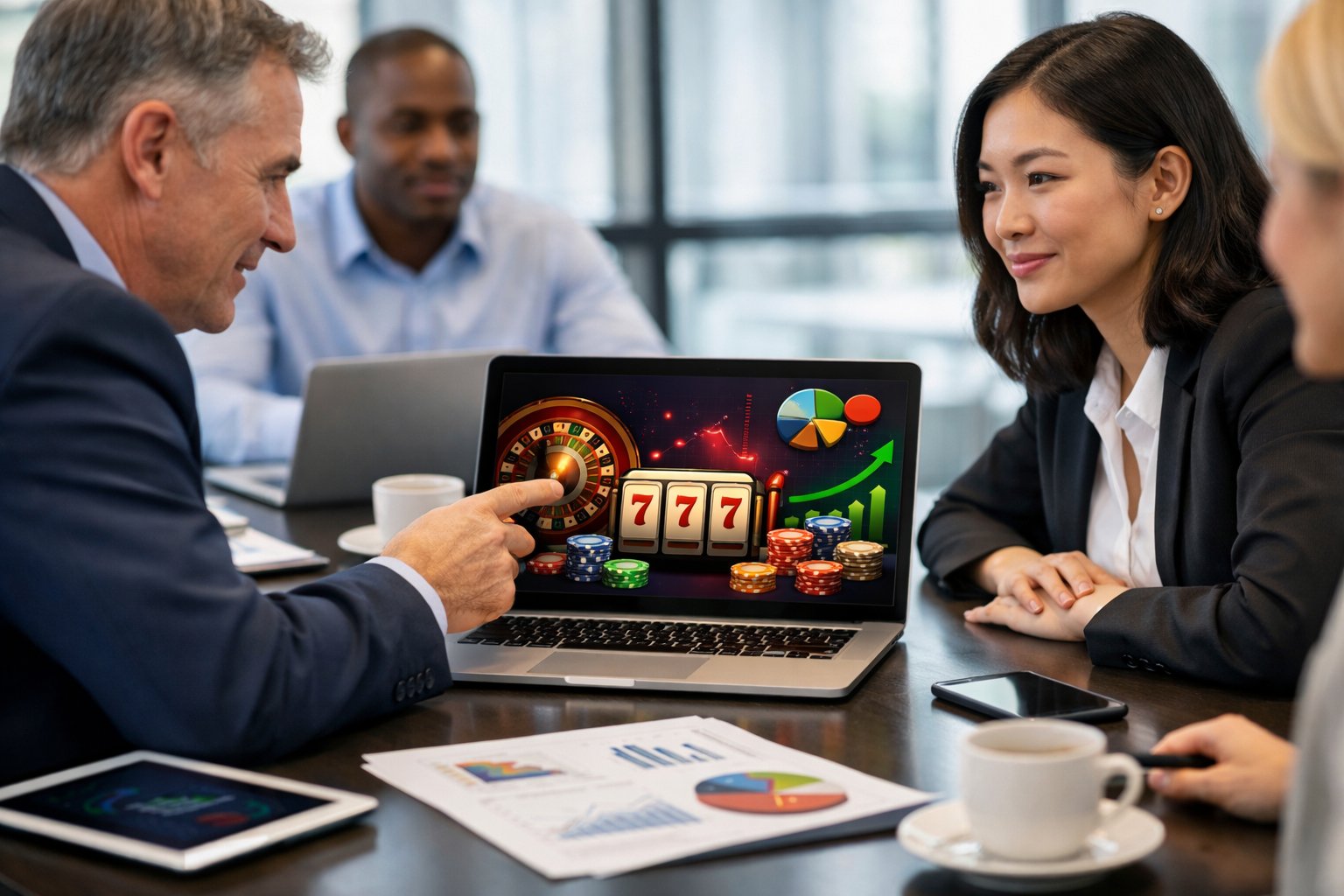 Business Professionals Discussing Data And Documents Around A Conference Table In A Modern Office.