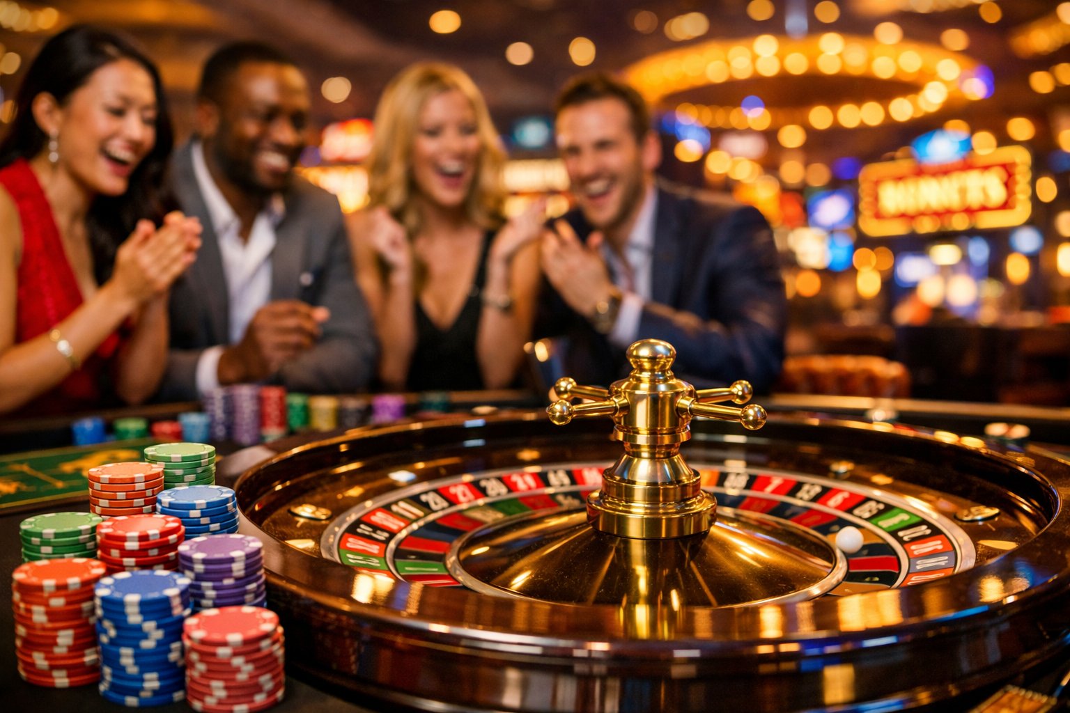 A CloseUp Of A Roulette Wheel With Colorful Chips And People Enjoying A Casino Environment.
