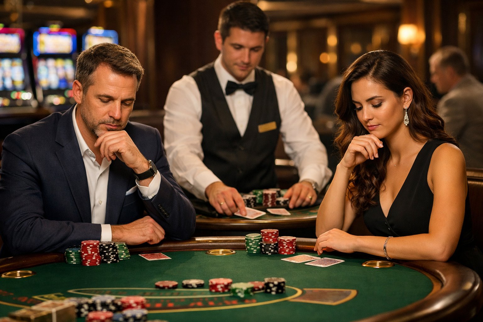 A group of casino players and a dealer focused on a blackjack table in an elegant casino setting.