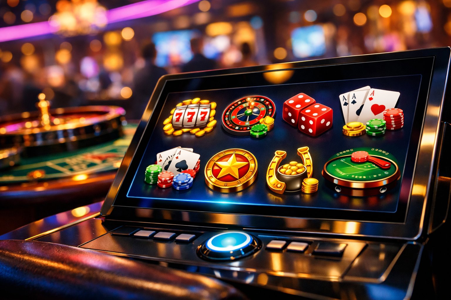 A Modern Casino Game Selection Area With A Digital Touchscreen Display Showing Colorful Game Icons And A Lively Casino Background.