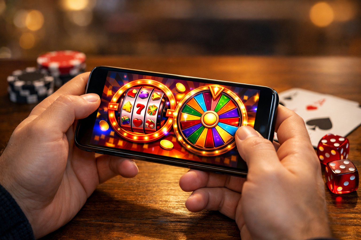 Hands Holding A Smartphone Showing A Colorful Casino Game With Poker Chips And Playing Cards On A Table.