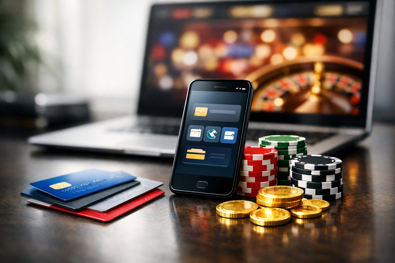 A Desk With A Laptop, Credit Cards, A Smartphone Showing A Digital Wallet, Casino Chips, And Gold Coins Arranged Together.