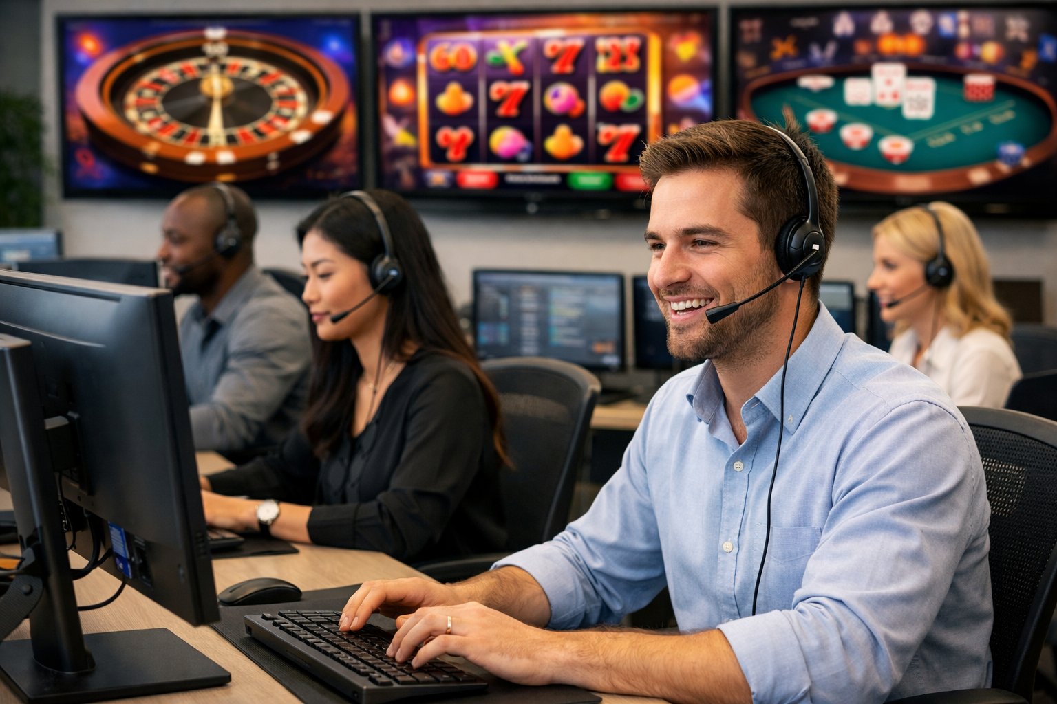 Customer Support Agents Wearing Headsets Working At Computers With Casino Game Screens In The Background.