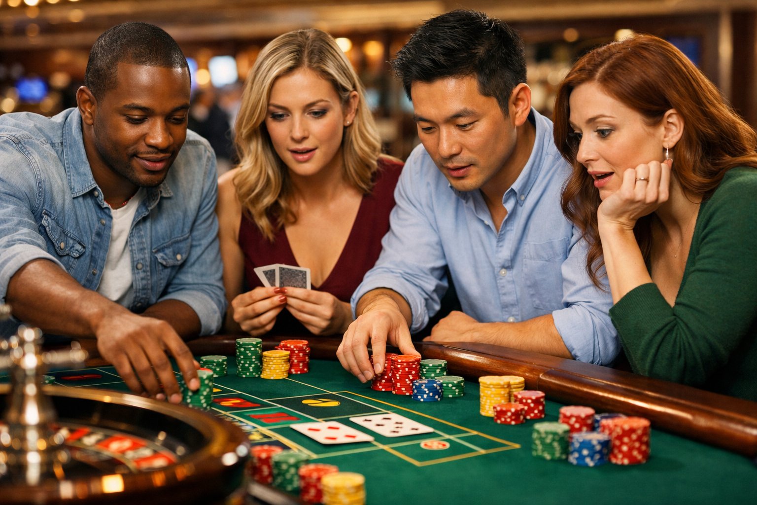 A group of diverse people playing casino games at a table, showing focused and curious expressions.