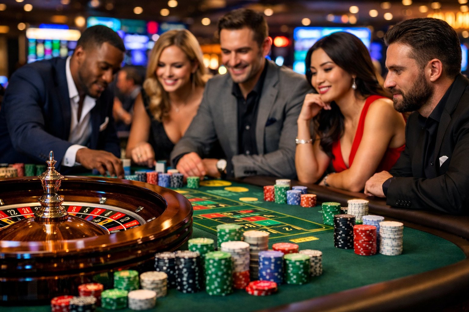 People Playing Casino Games At A Table With Roulette Wheels And Poker Chips In A Brightly Lit Casino.