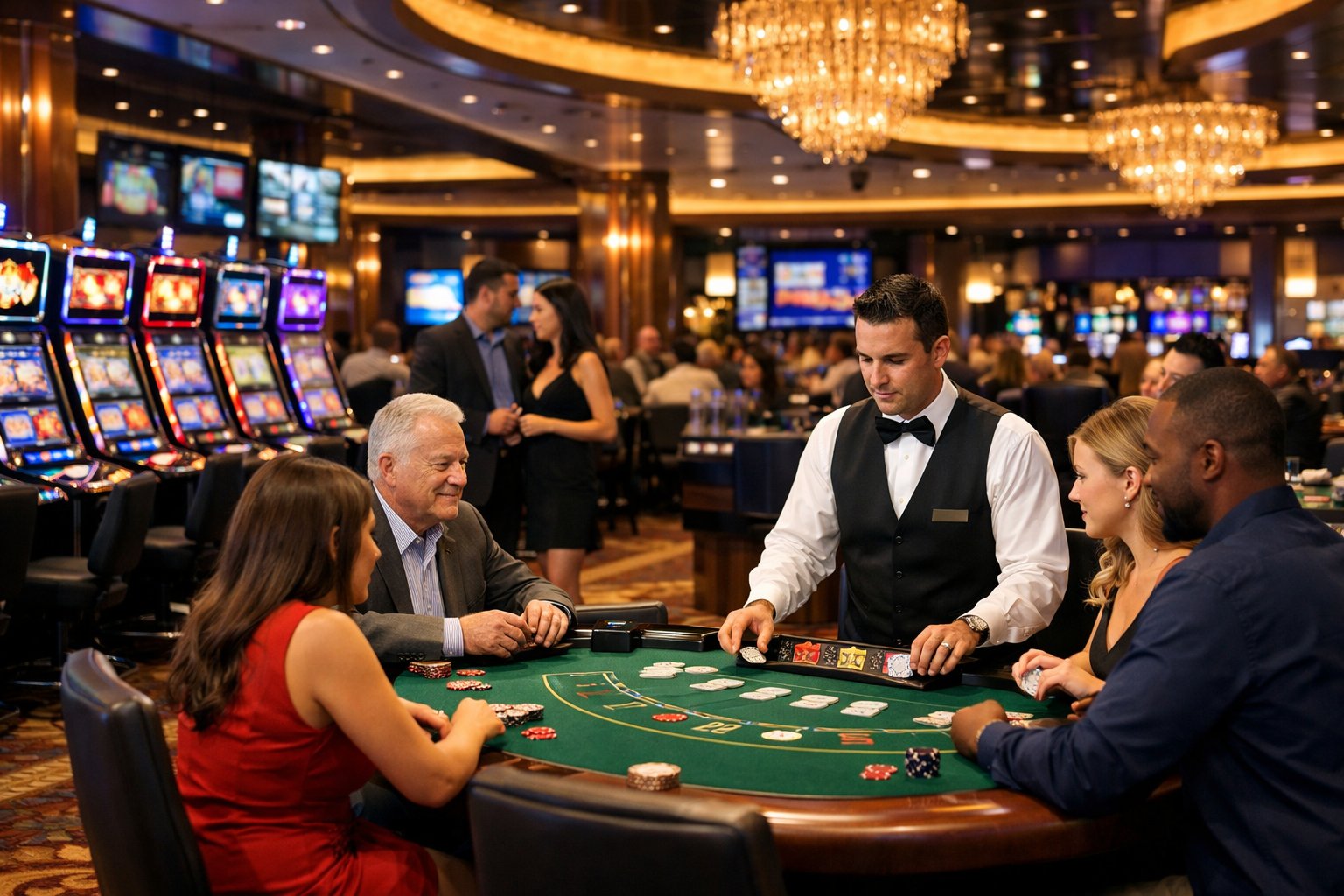 Interior Of A Modern Casino With Slot Machines, Gaming Tables, Players, And A Dealer In A Lively Setting.
