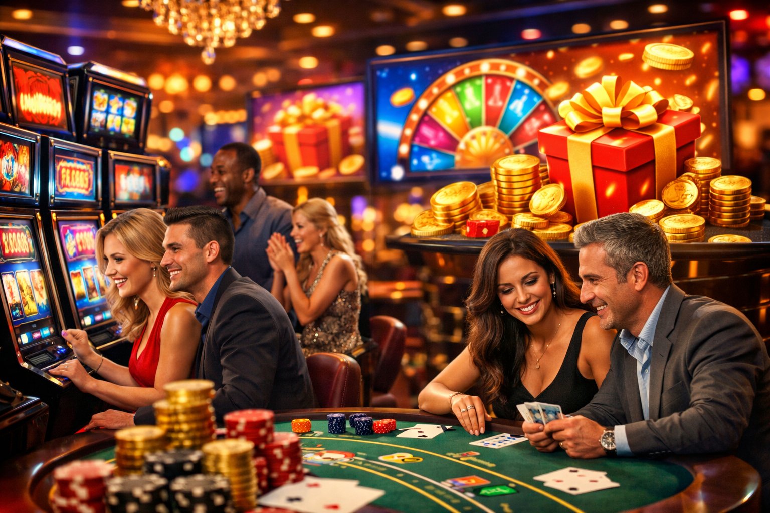 A Lively Casino Scene With People Playing Slot Machines And Table Games Surrounded By Bright Lights And Promotional Graphics.