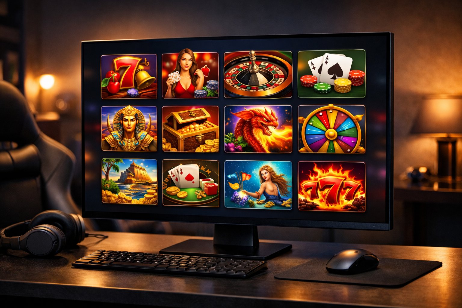 A Computer Monitor Displaying A Colorful Selection Of Casino Game Icons In A Modern Gaming Lounge.