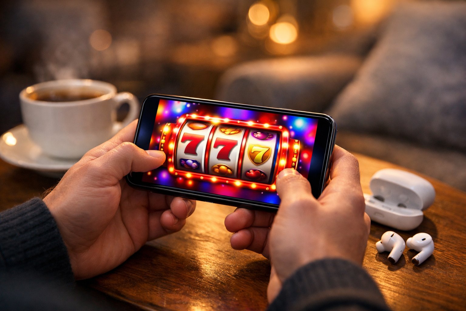 A Person Holding A Smartphone Showing A Colorful Casino Game Screen In A Cozy Indoor Setting.
