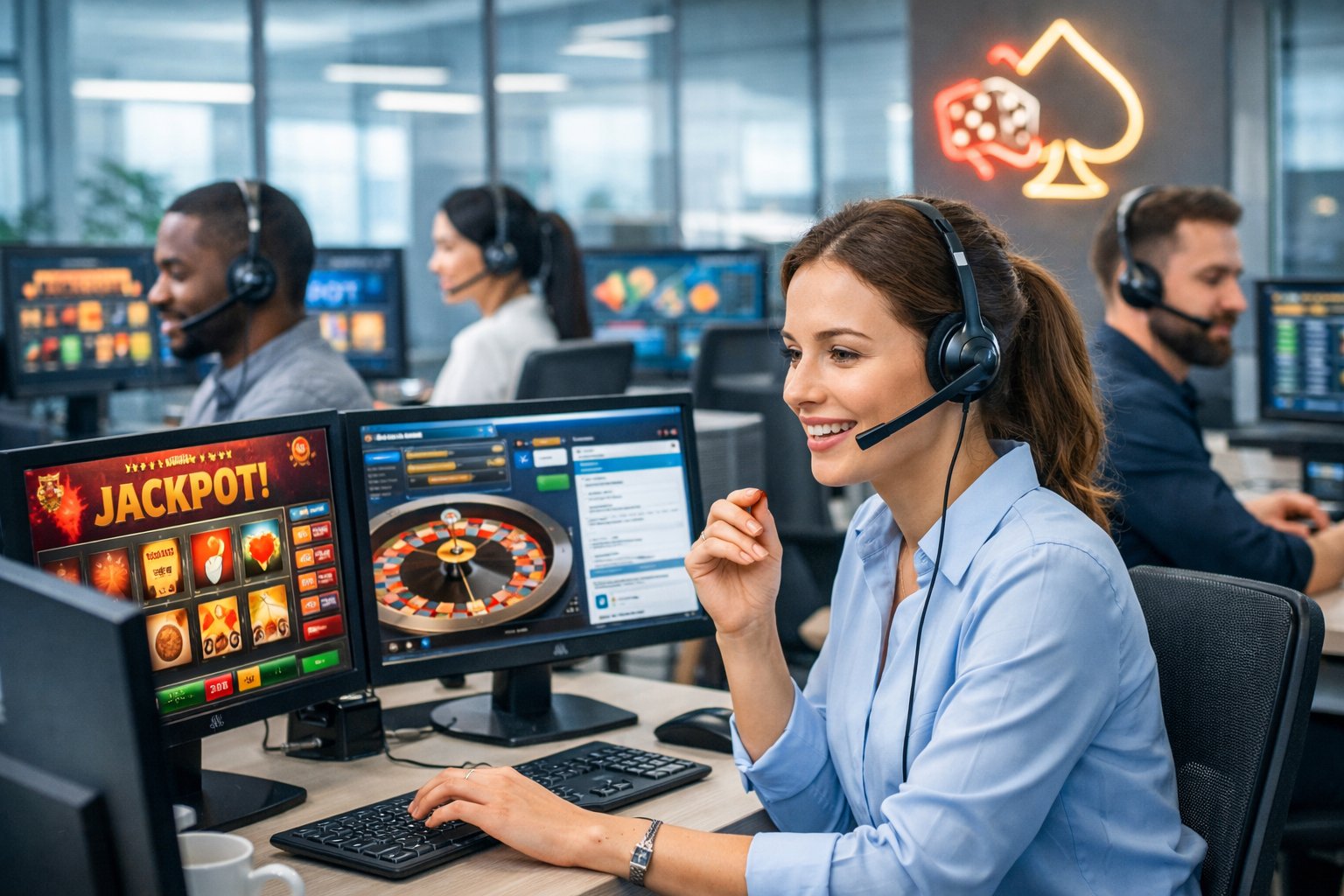Customer Support Agents Wearing Headsets Working At Computers In A Modern Office Environment.