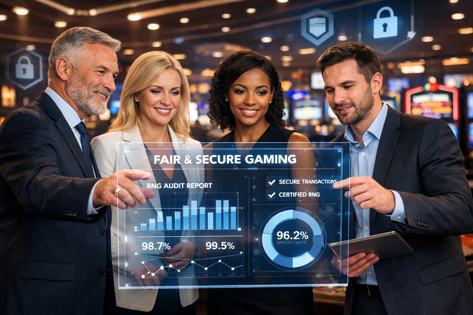 A Group Of People Reviewing Digital Charts In A Modern Casino Setting With Security Icons Visible In The Background.