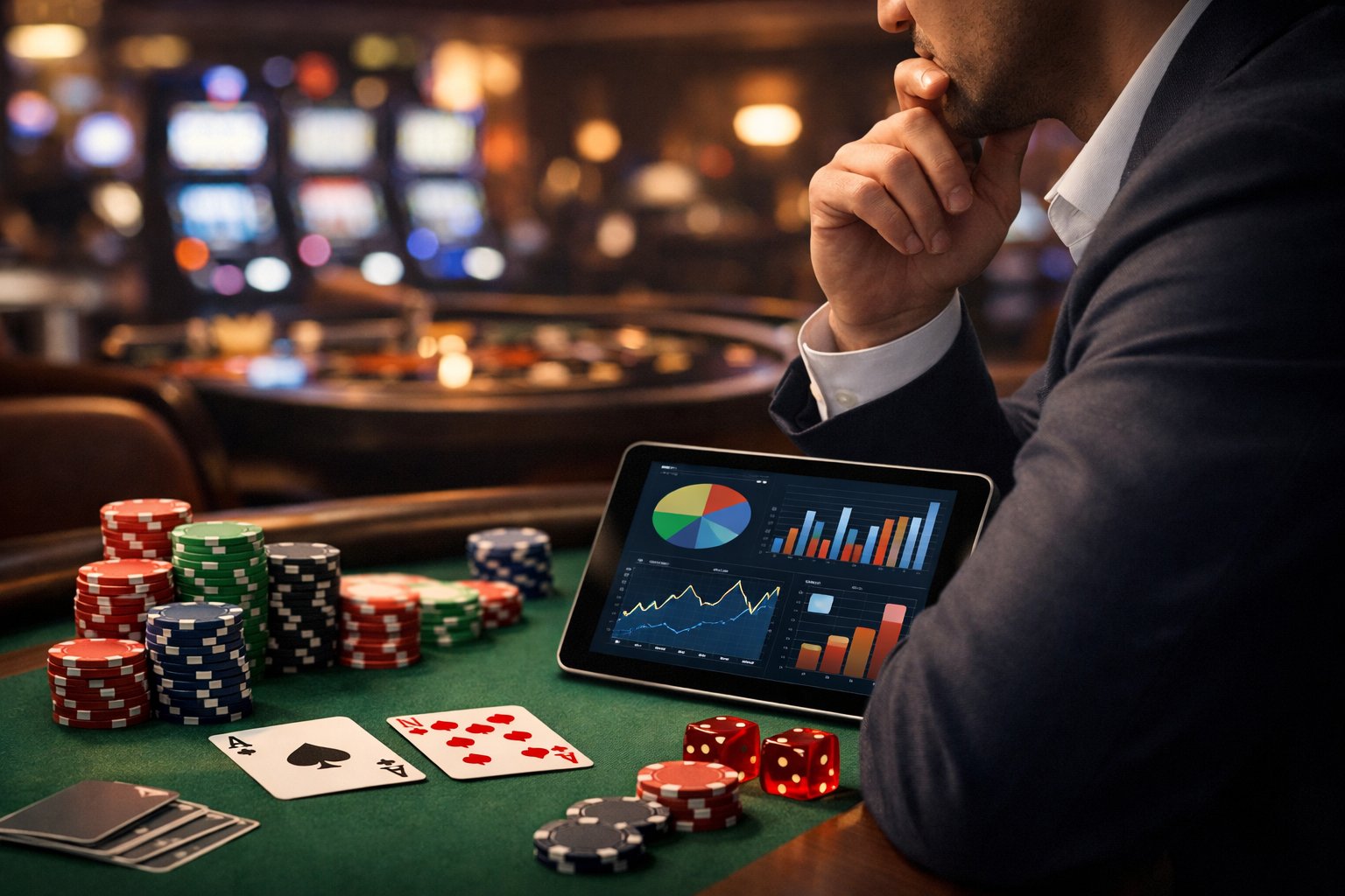 A Person Sitting At A Casino Table With Poker Chips And Cards, Thoughtfully Looking At A Tablet, Surrounded By A Casino Interior.