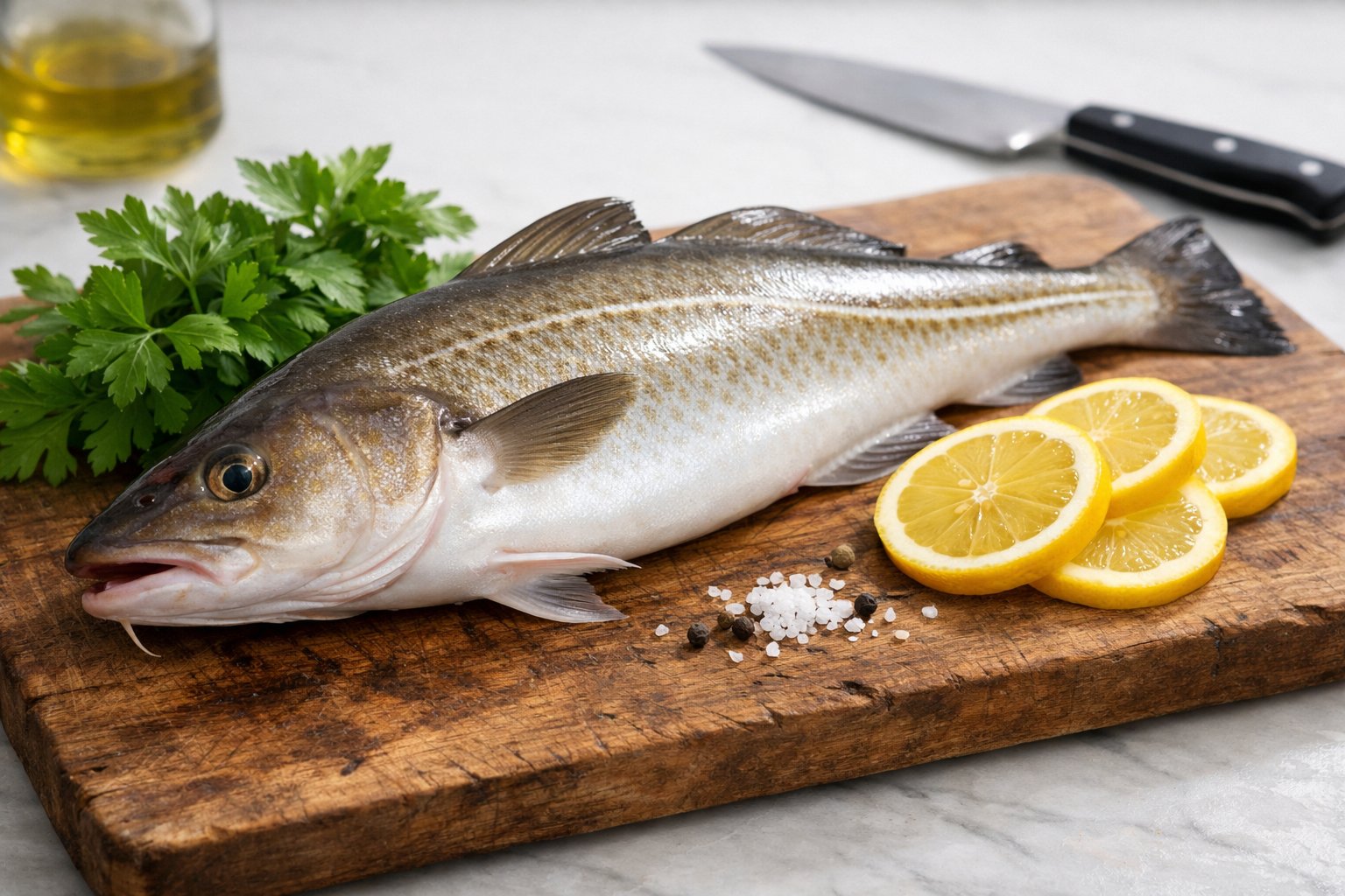 Um peixe bacalhau fresco com pele firme e sem manchas escuras sobre uma tábua de madeira, rodeado por ervas frescas e fatias de limão em uma cozinha.