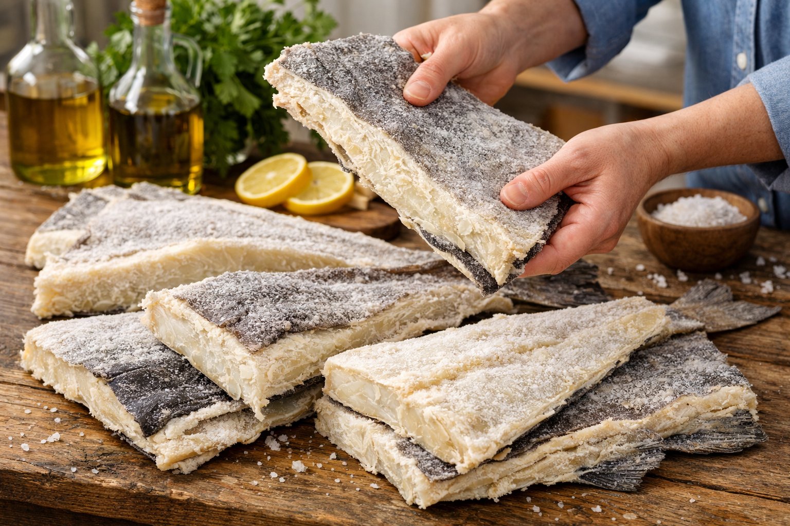 Pessoa escolhendo peças inteiras de bacalhau seco sobre uma mesa de madeira em uma cozinha bem iluminada.