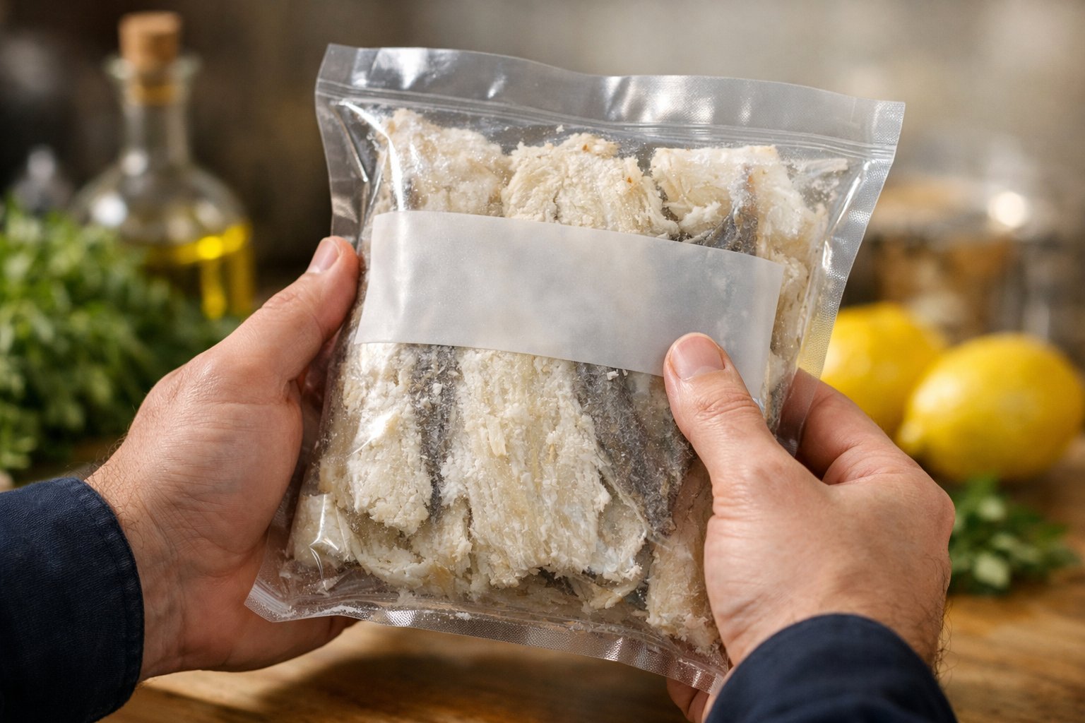 Pessoa segurando um pacote de bacalhau seco, observando atentamente o rótulo em uma cozinha ou mercado.