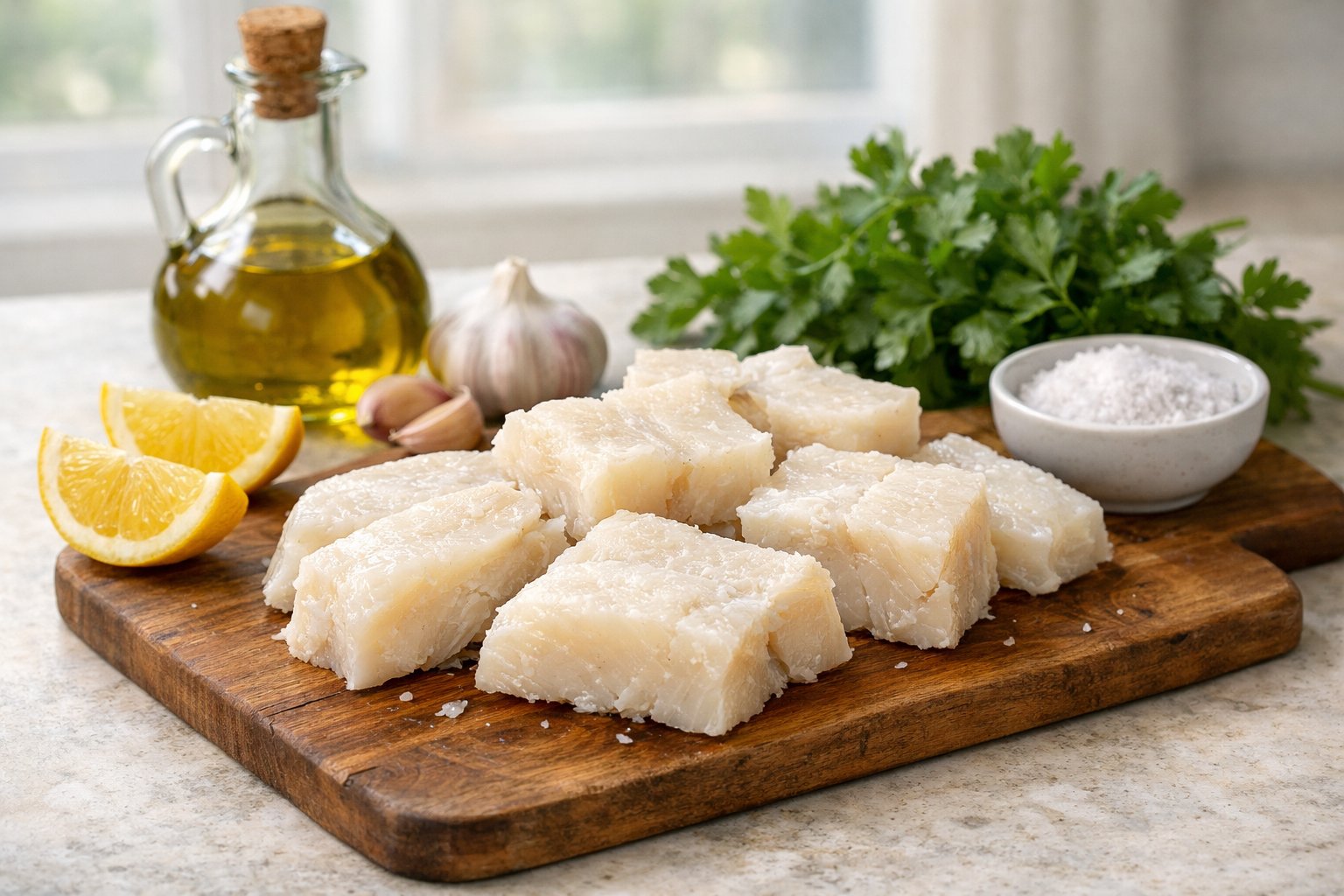Pedaços de bacalhau dessalgado sobre uma tábua de madeira com ingredientes frescos ao redor em uma bancada de cozinha.