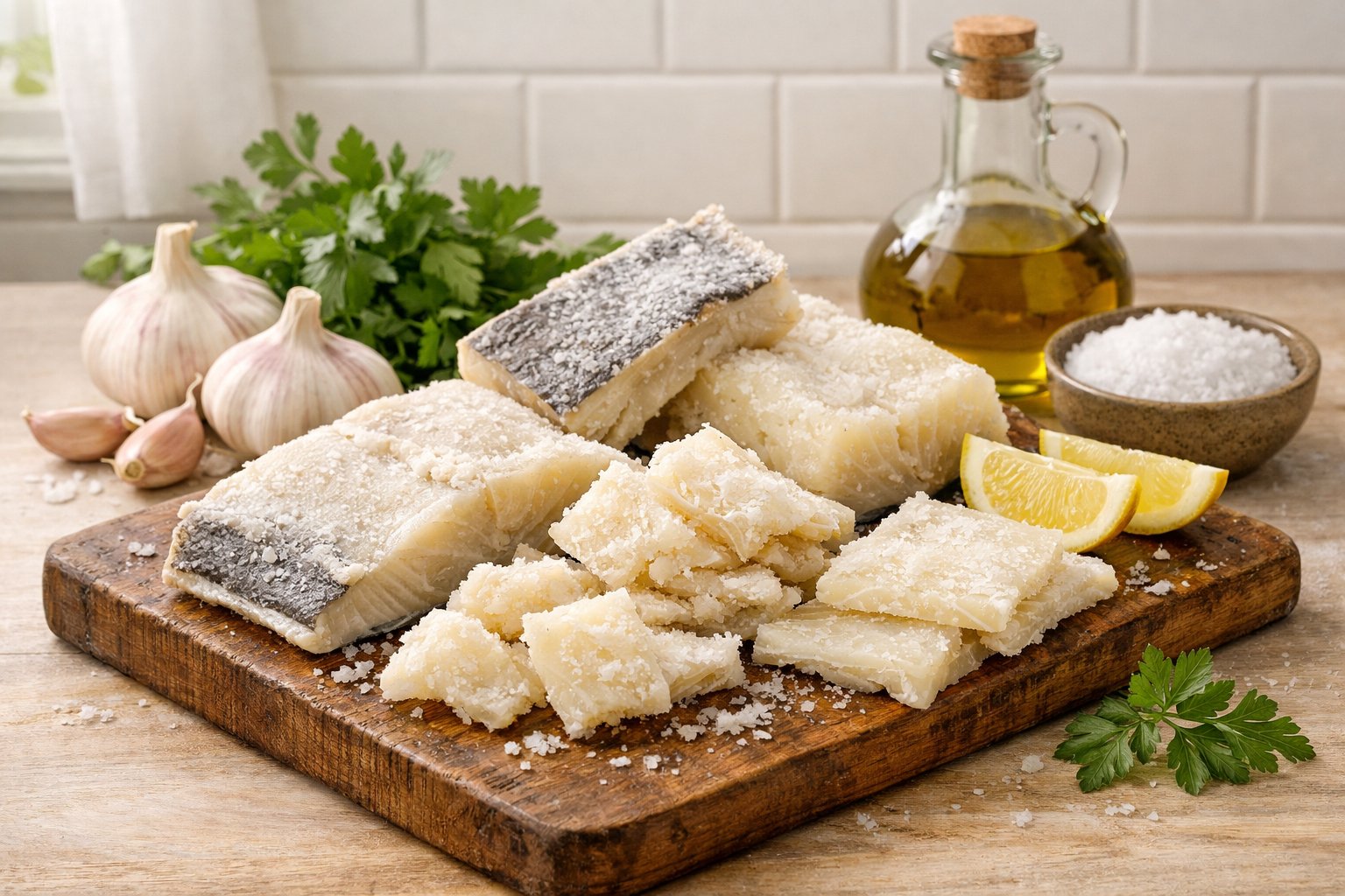 Peças de bacalhau fresco em uma tábua de madeira com alho, salsa, limão e azeite em uma bancada de cozinha iluminada.
