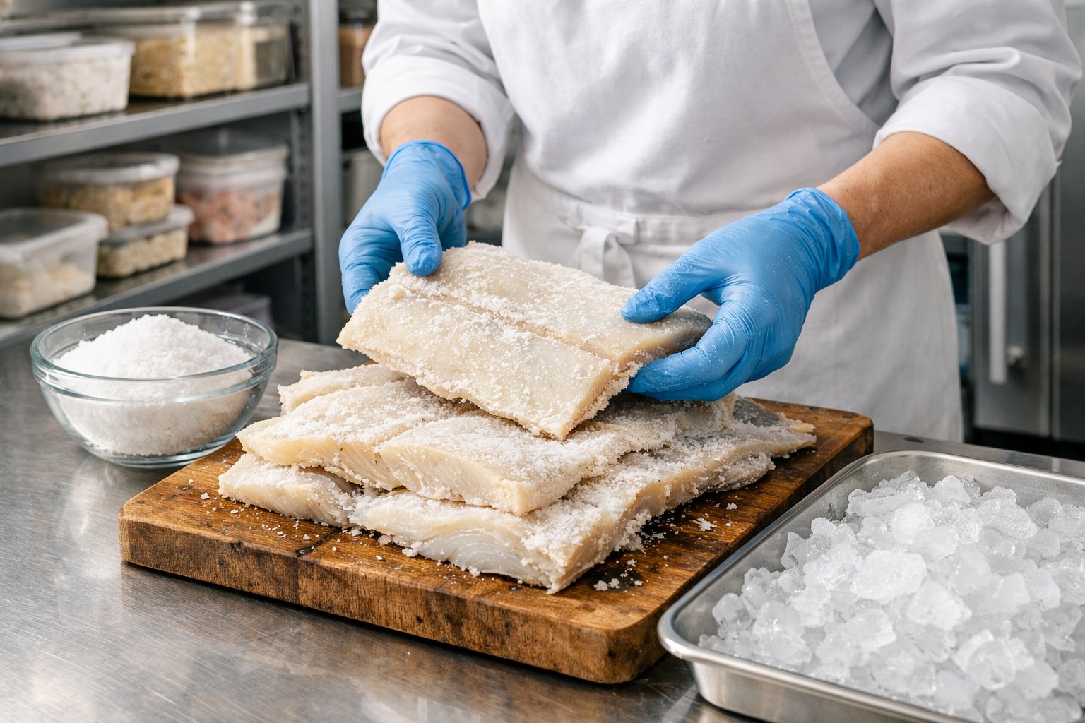 Pessoa manuseando filés de bacalhau em uma cozinha organizada com recipientes de sal e gelo ao redor.