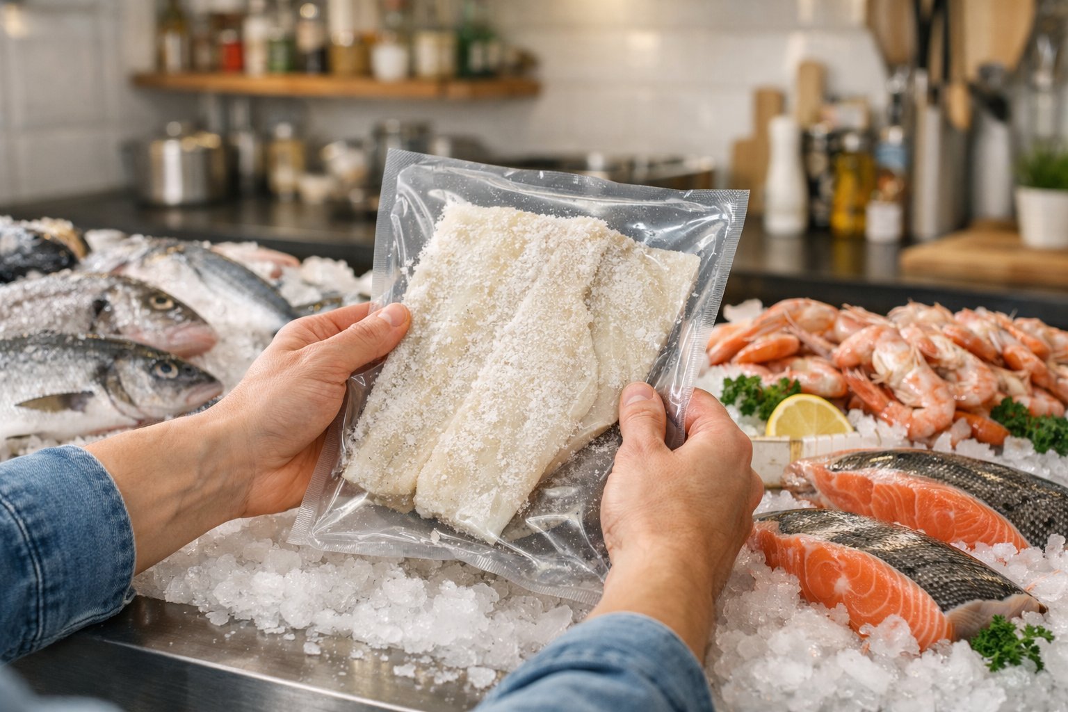 Mãos selecionando bacalhau fresco em um balcão de peixaria bem iluminado e organizado.