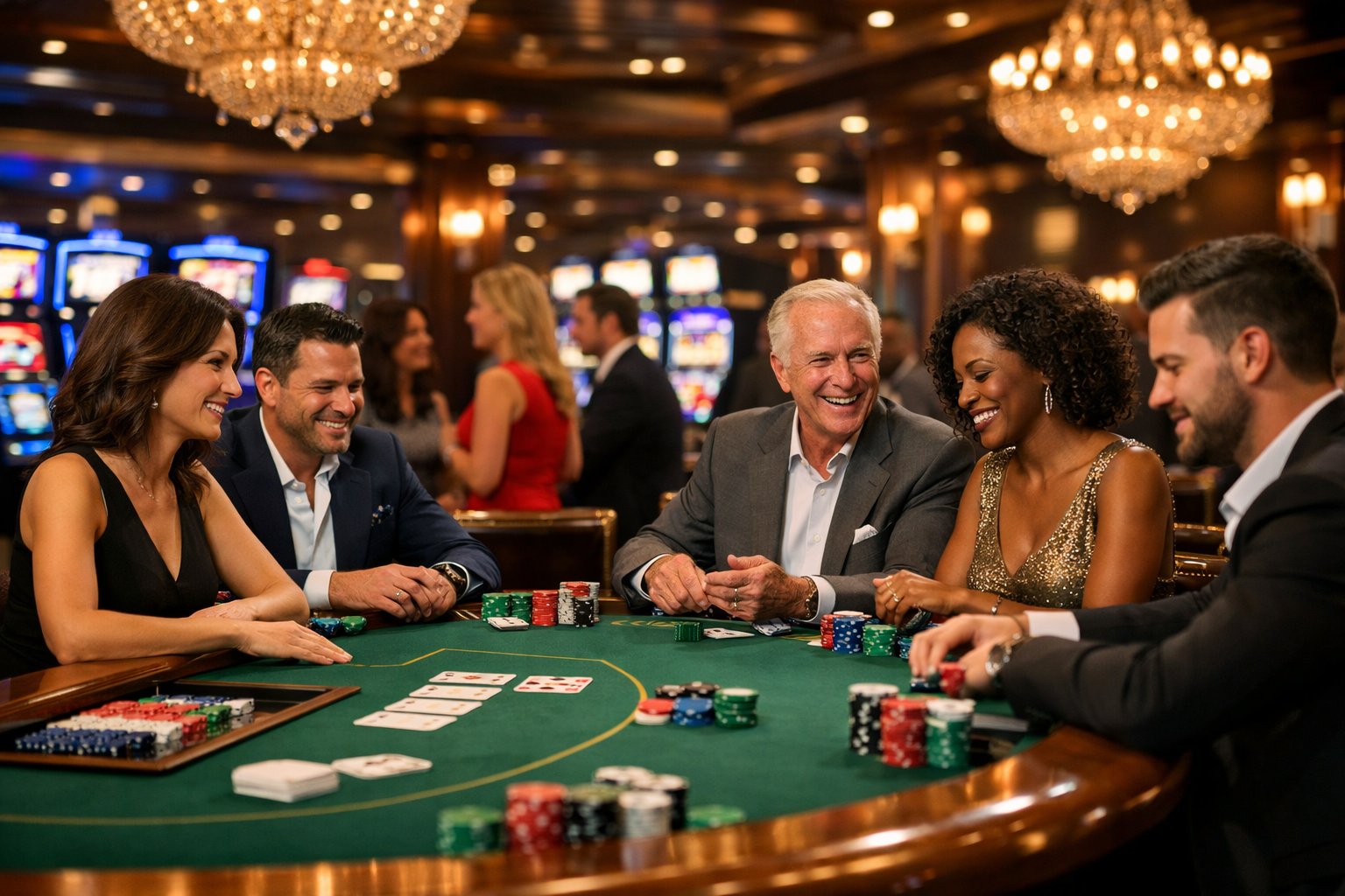 Interior Of A Casino With Gaming Tables, Slot Machines, And People Playing Games.