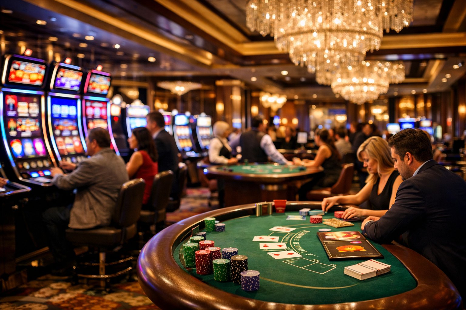 Interior Of A Casino With Slot Machines, Gaming Tables, And People Playing Games.