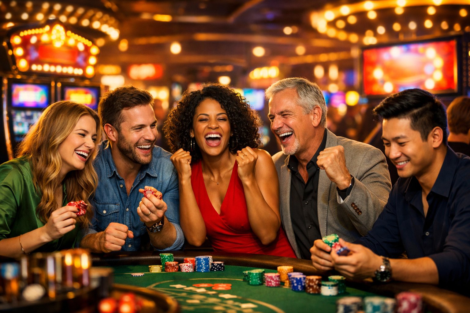 People Enjoying A Lively Casino With Slot Machines And Gaming Tables, Celebrating Wins And Engaging With Games.