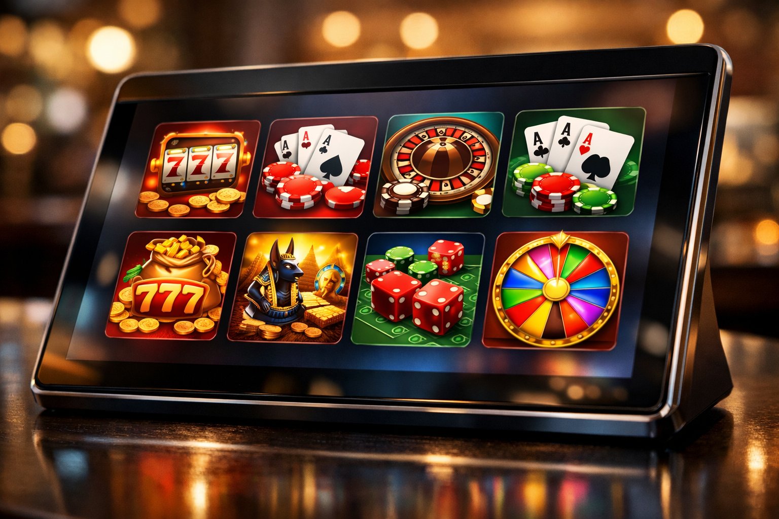 A Touchscreen Device Showing A Colorful Grid Of Casino Game Icons Including Slots, Poker, Roulette, And Blackjack.