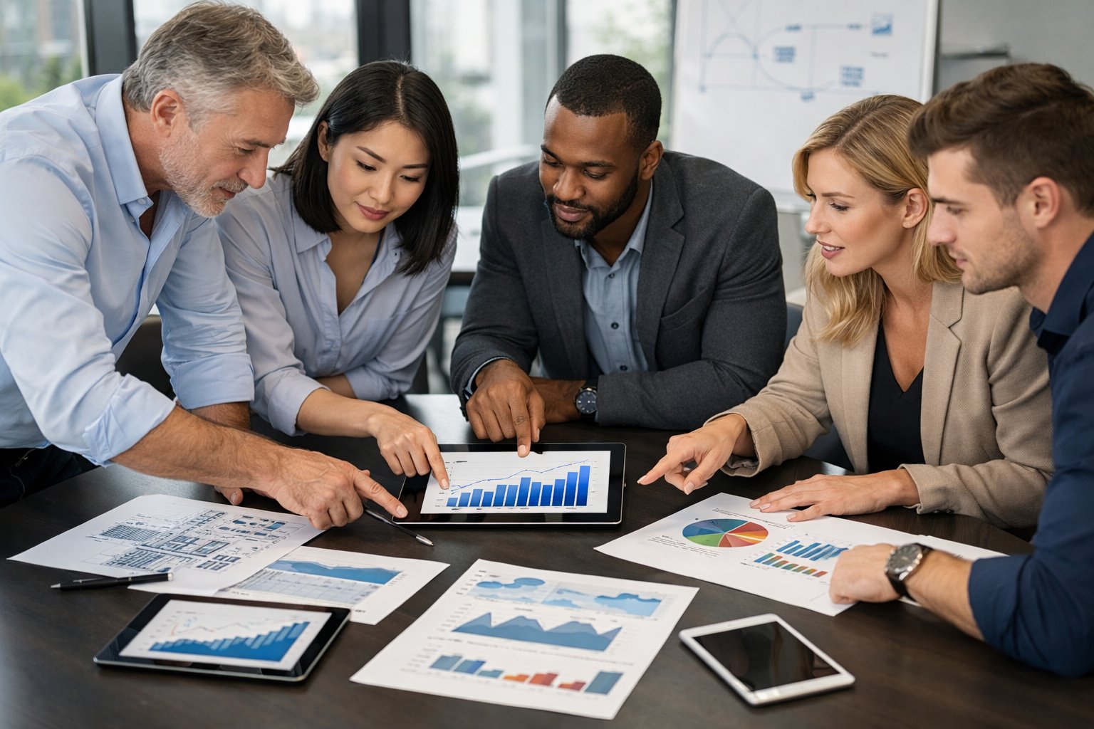 Un groupe de professionnels discute autour d'une table avec des documents et des graphiques dans une salle de réunion lumineuse.