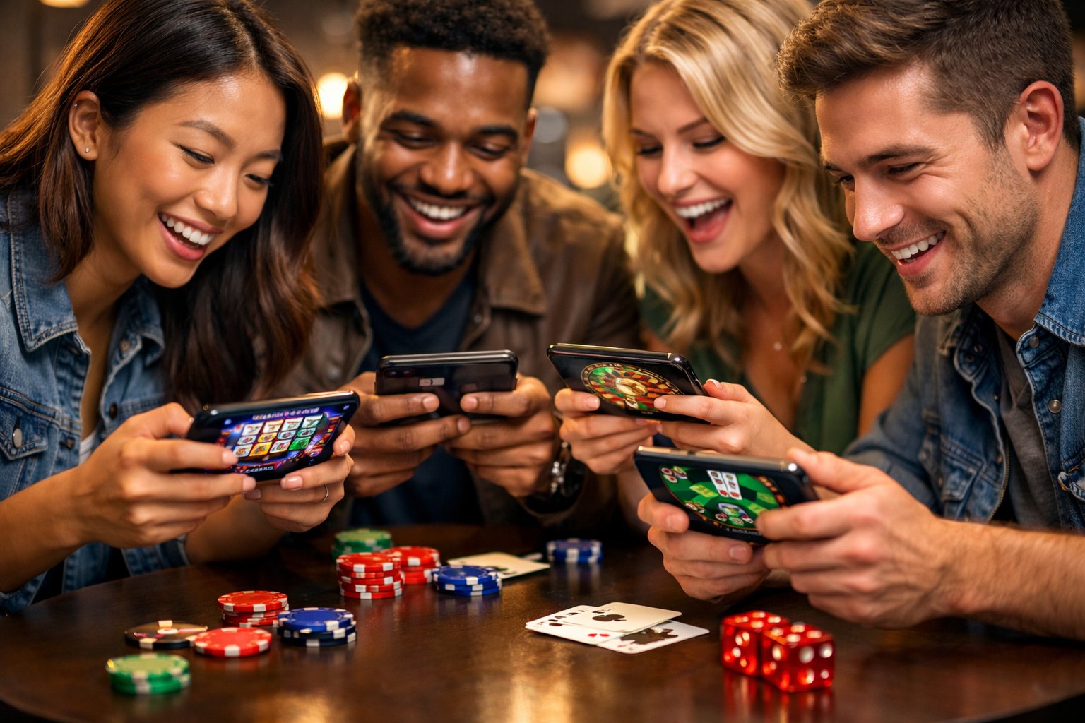 A Group Of Young Adults Playing Casino Games On Their Smartphones Around A Table Indoors.