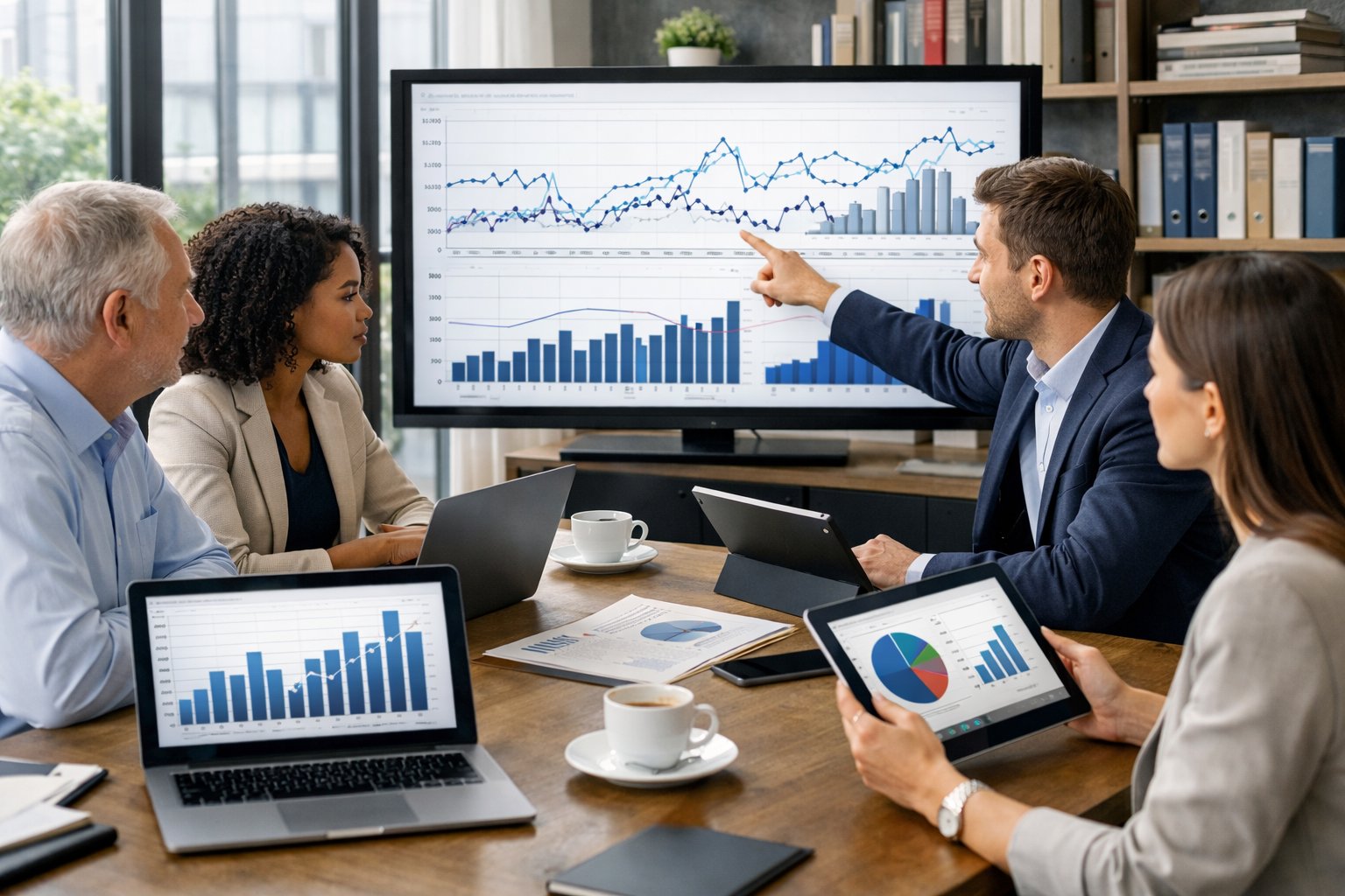 Des professionnels travaillant ensemble autour d'une table avec des ordinateurs affichant des graphiques et des données statistiques dans un bureau lumineux.