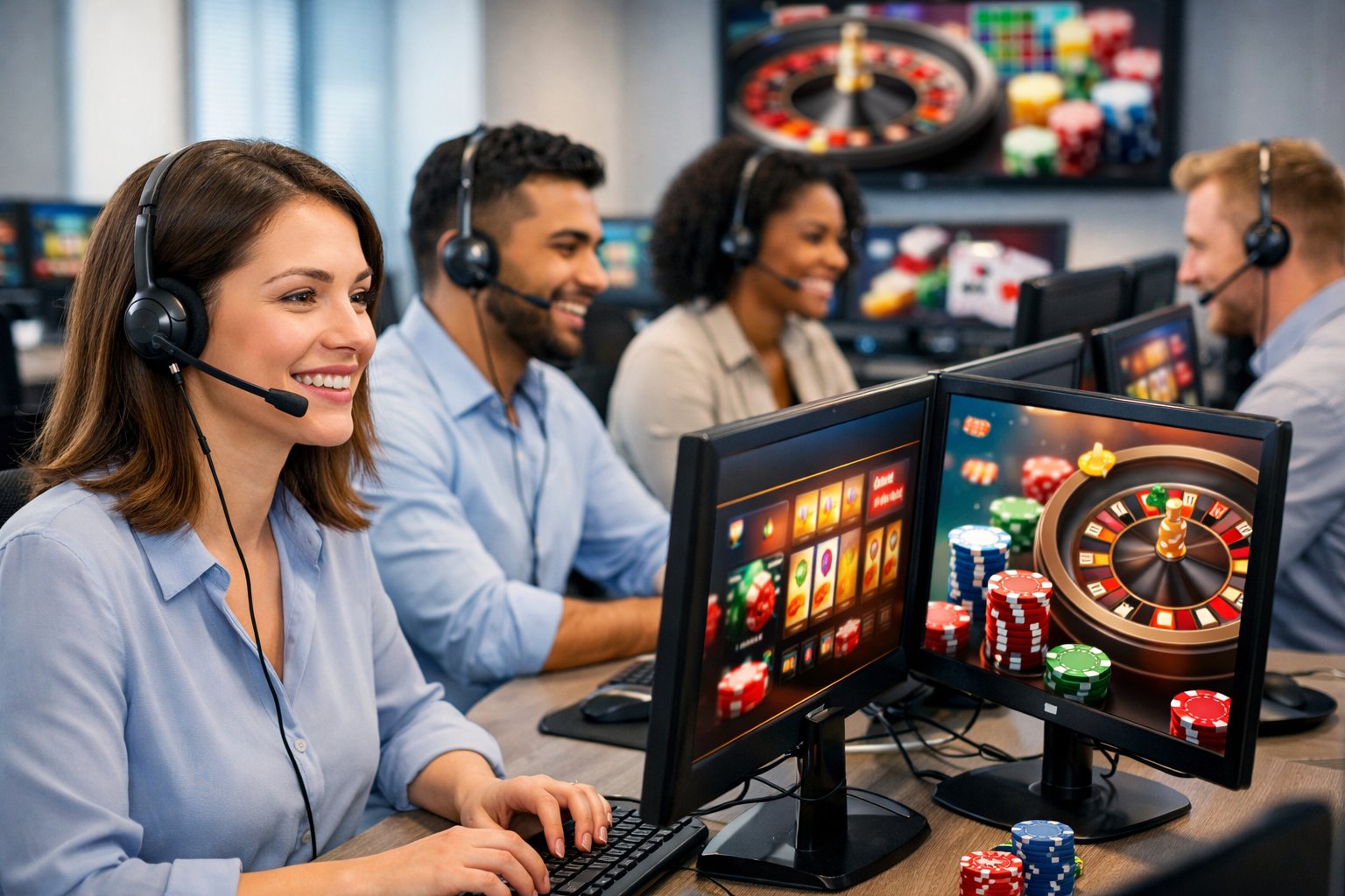 Customer Support Representatives Wearing Headsets Working At Computers In A Modern Office Environment.
