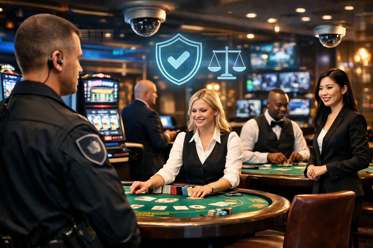 A Casino Interior Showing Gaming Tables, Security Staff, And Surveillance Equipment Ensuring A Safe And Fair Environment.