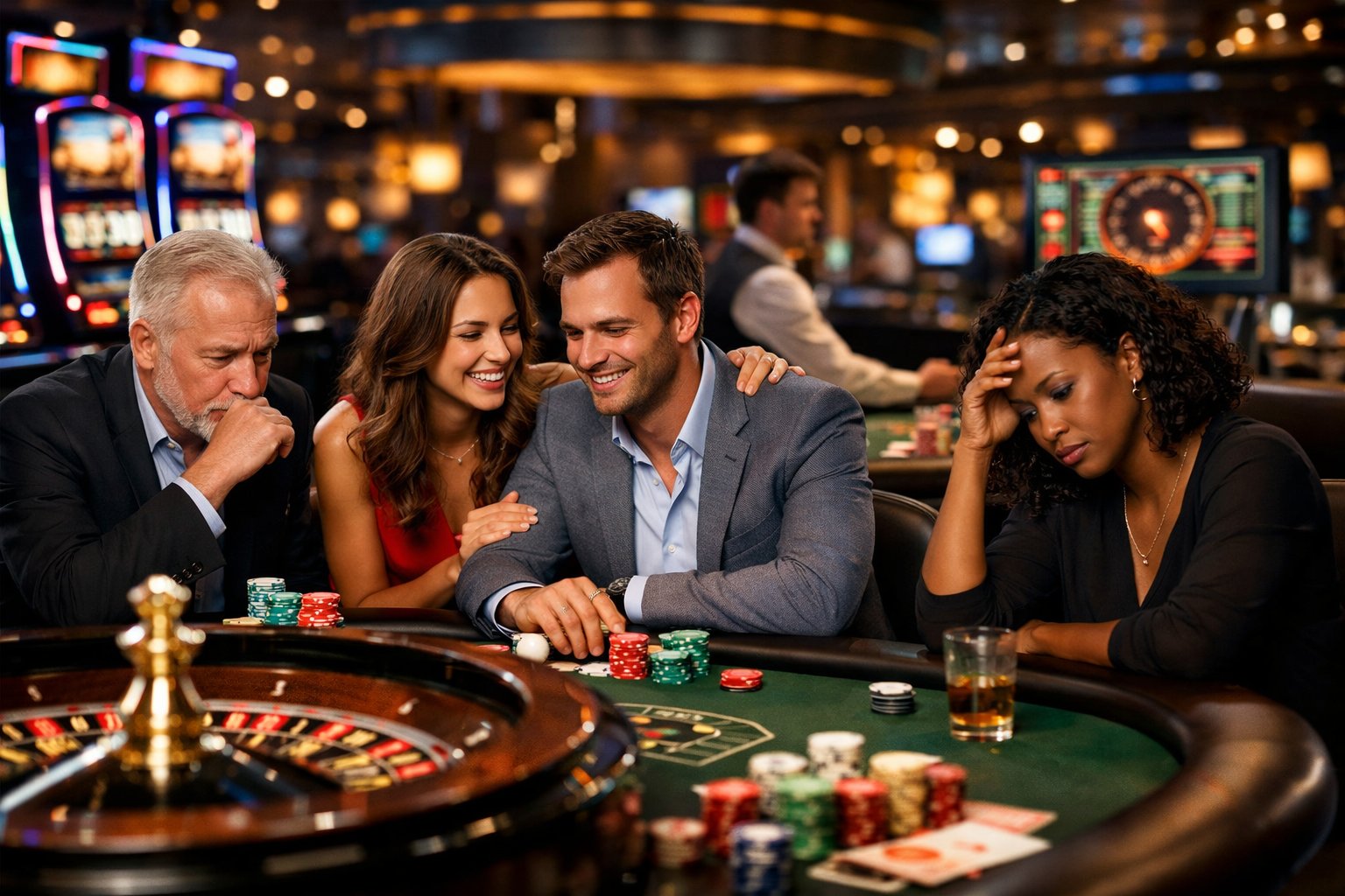 People In A Casino Setting With Slot Machines And Poker Tables, Showing Mixed Emotions Of Excitement And Contemplation.
