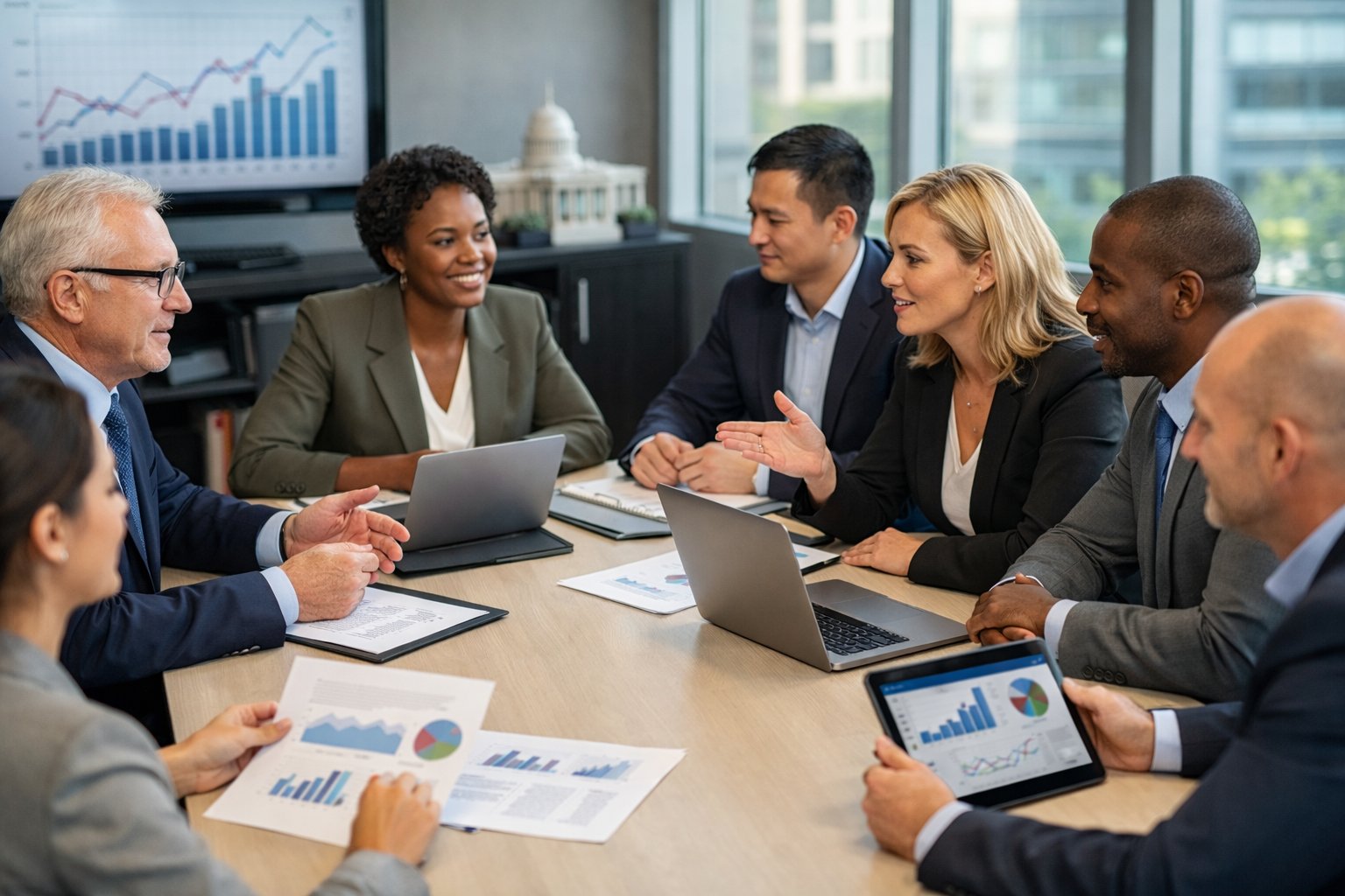 Des professionnels en réunion autour d'une table de conférence, discutant de documents et de données économiques dans un bureau moderne.