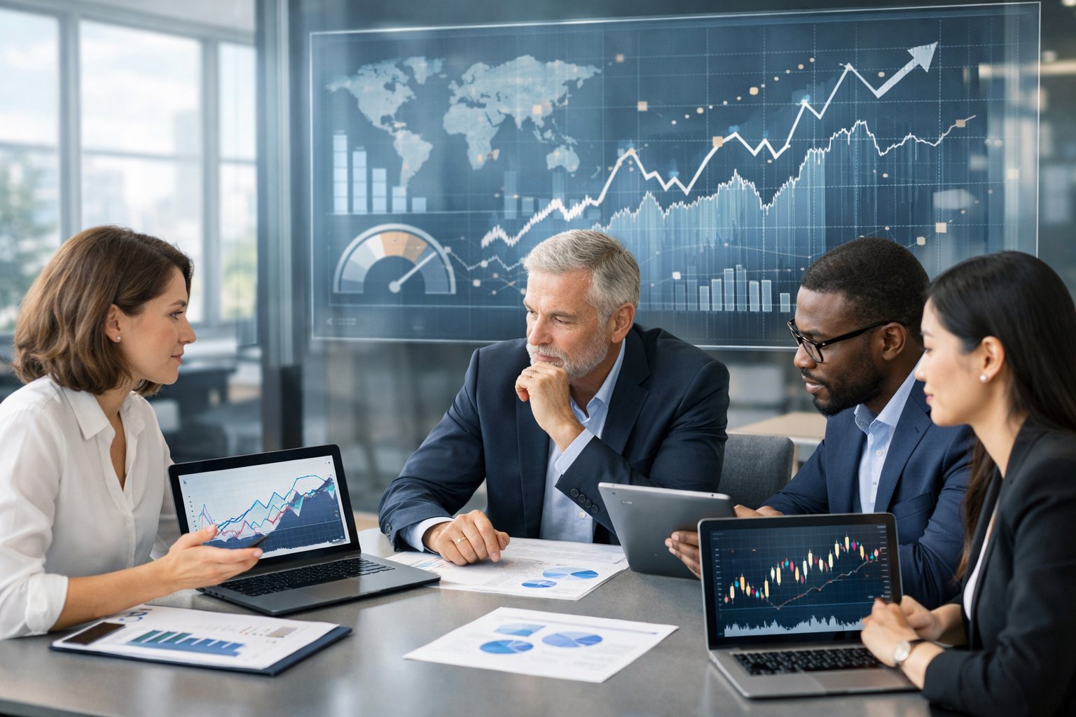 Des professionnels en réunion dans un bureau moderne, analysant des graphiques et des données économiques sur des écrans numériques.