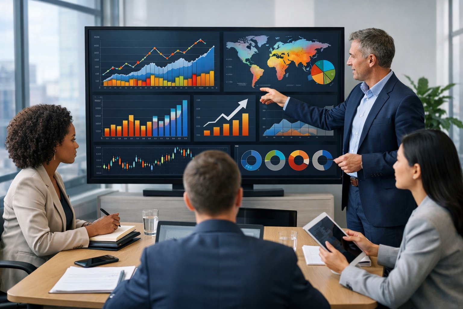Des professionnels en réunion devant un grand écran affichant des graphiques et des données économiques dans un bureau moderne lumineux.