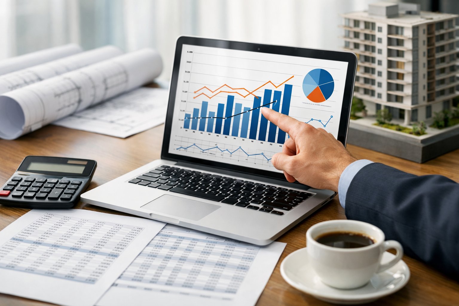 Une personne analysant des données financières dans un bureau avec un ordinateur portable, des documents, une calculatrice et des plans de construction en arrière-plan.