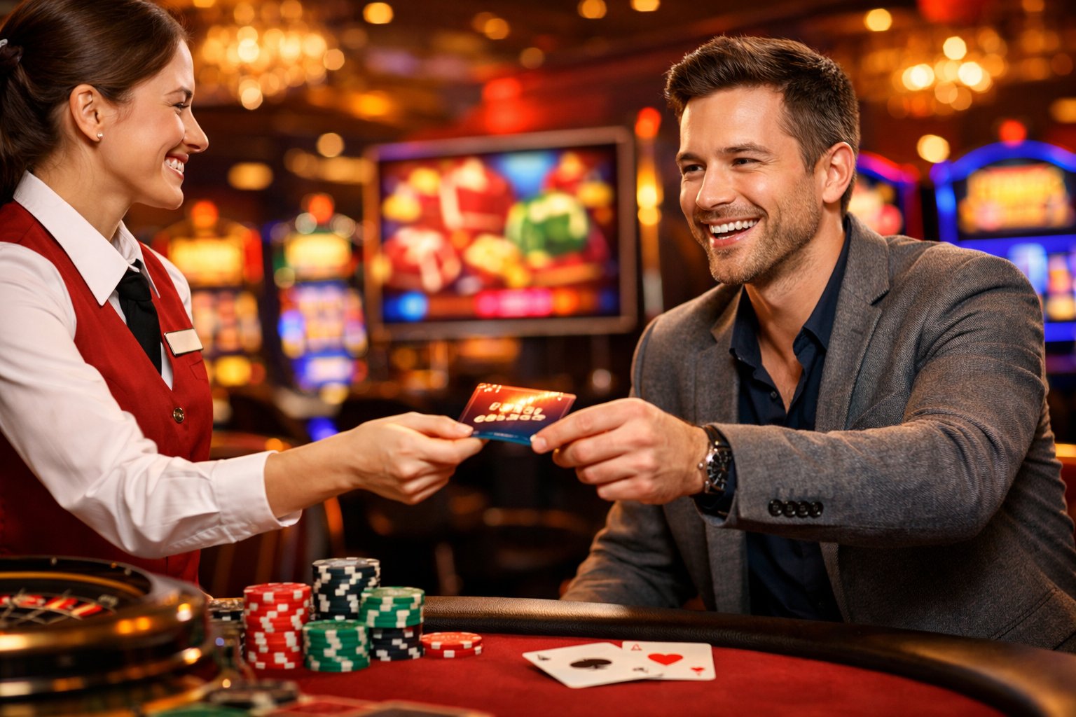 A Casino Employee Hands A Promotional Card To An Excited Player On A Vibrant Casino Floor With Slot Machines And Gaming Elements In The Background.