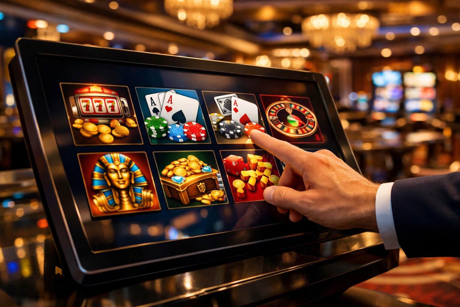 A Person Selecting A Casino Game On A Digital Touchscreen In A Modern Casino Environment.