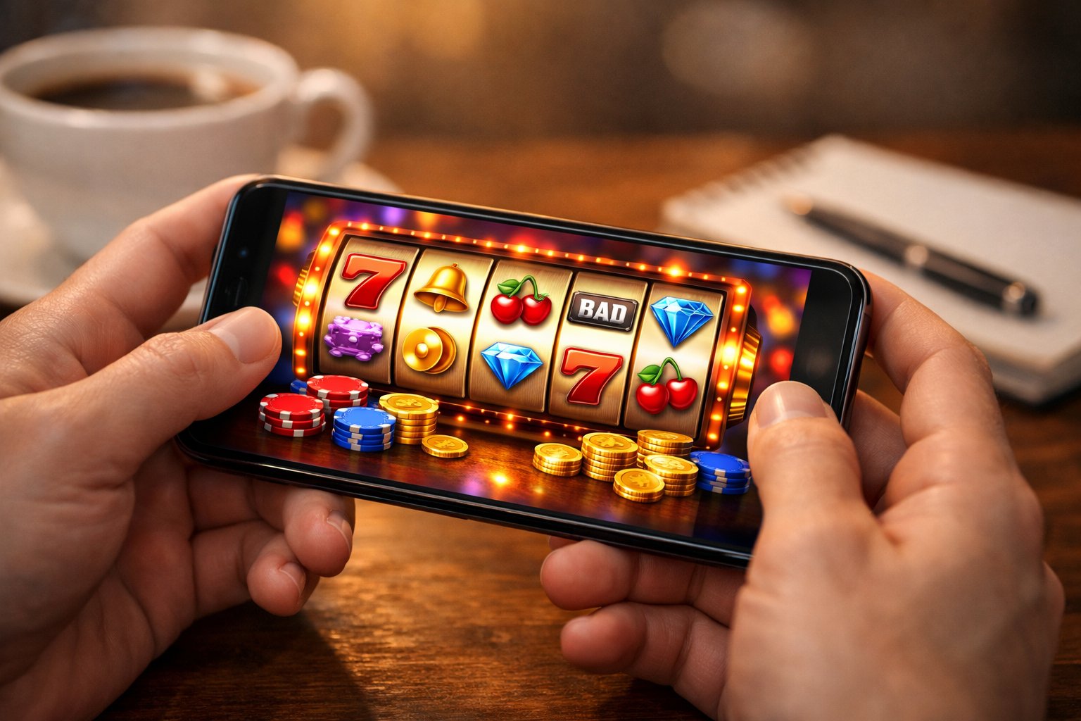 CloseUp Of Hands Holding A Smartphone Showing A Colorful Casino Game, With A Blurred Indoor Background And A Wooden Table Nearby.