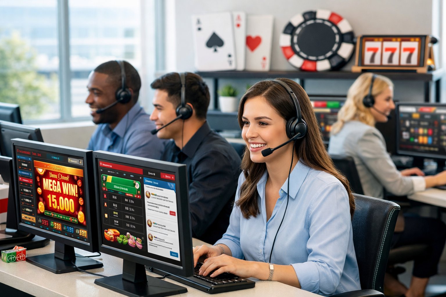 Customer Support Agents Wearing Headsets Working At Computers In A Bright Office With CasinoThemed Decor.