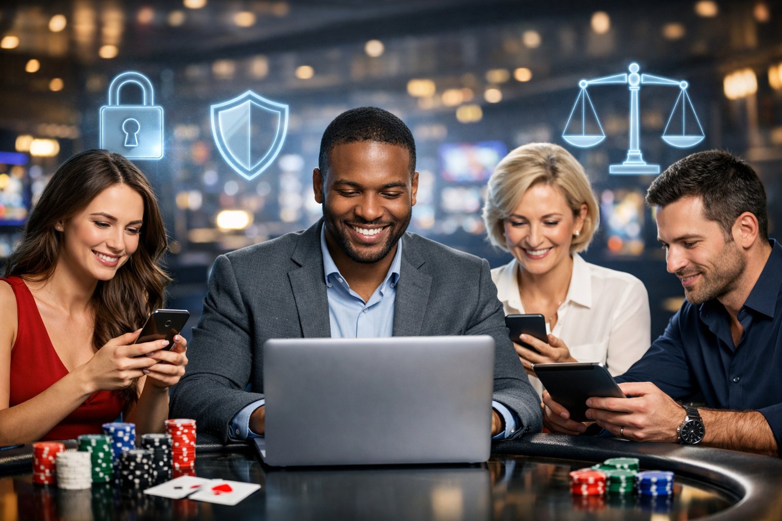 A Group Of Diverse People Using Digital Devices In A Modern Casino Setting With Symbols Of Security And Fairness In The Background.