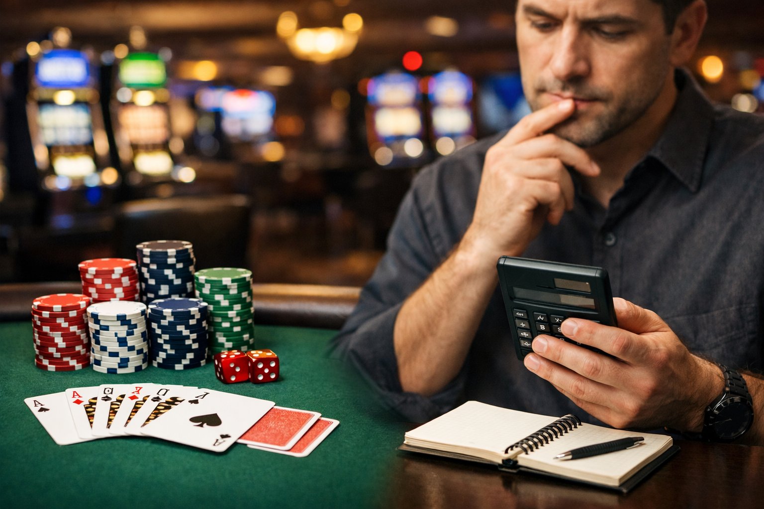 A Person At A Casino Table With Poker Chips And Cards On One Side And Holding A Calculator And Notepad, Appearing To Weigh Options.