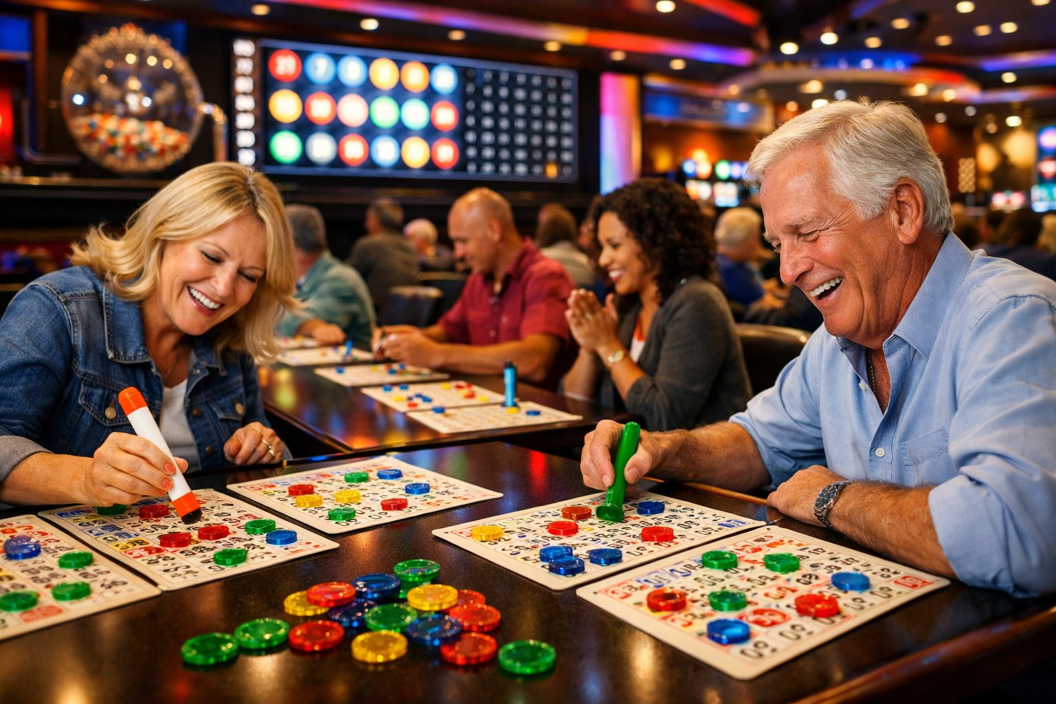 A Lively Bingo Hall With Players Marking Bingo Cards At Tables Under Bright Lights.