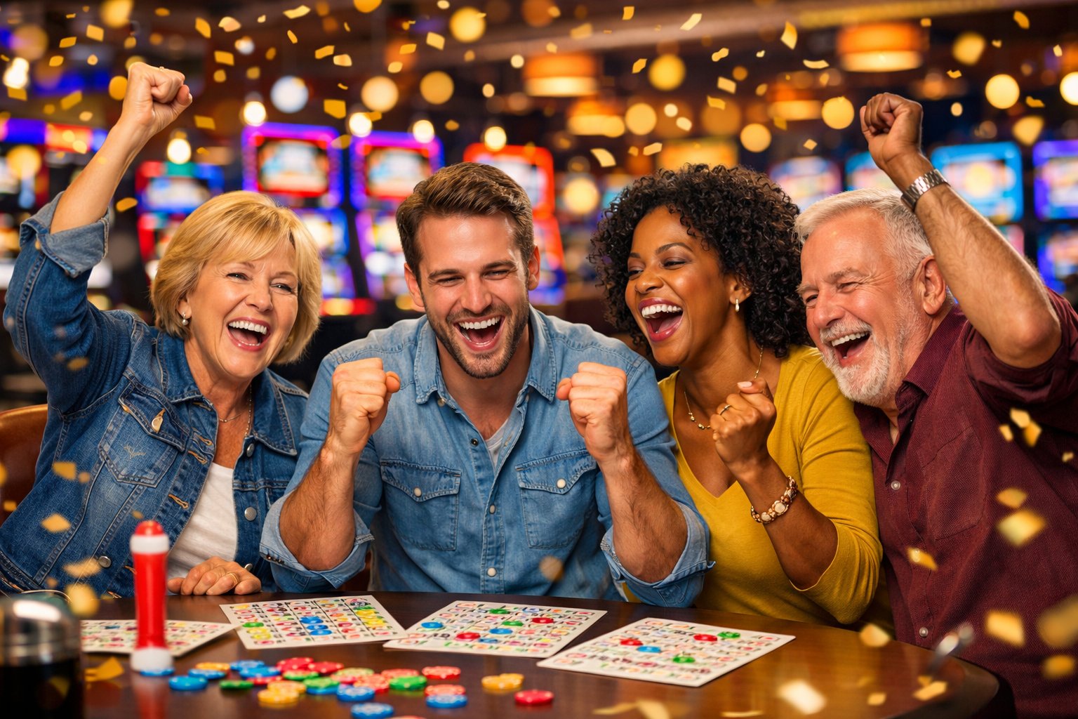 A Group Of Adults Celebrating While Playing Bingo In A Brightly Lit Casino With Slot Machines In The Background.
